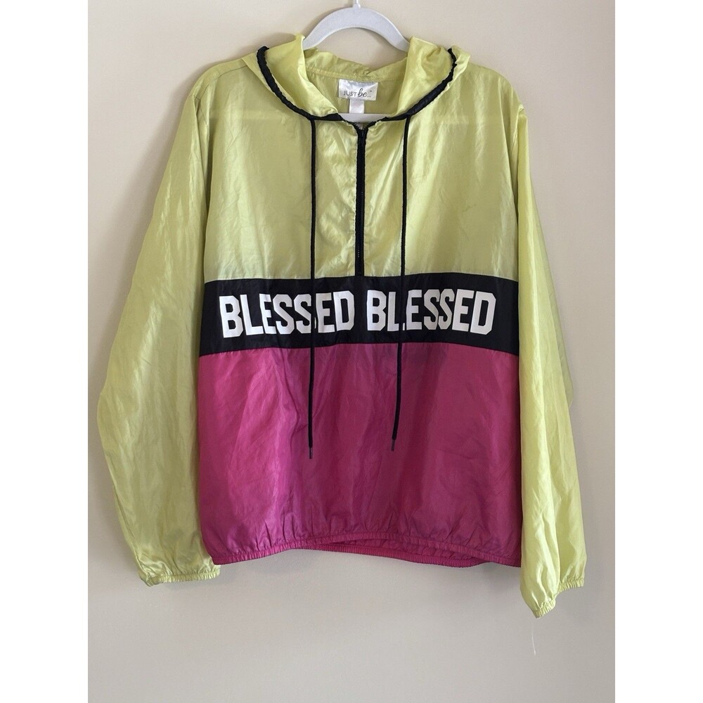 Just Be Womens 2X Windbreaker Jacket Blessed Colorblock Neon Pink Yellow Hooded